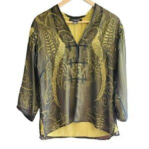 Citron Sheer Black Yellow Bohemian Silk Blend Peacock Print Blouse Medium Luxury